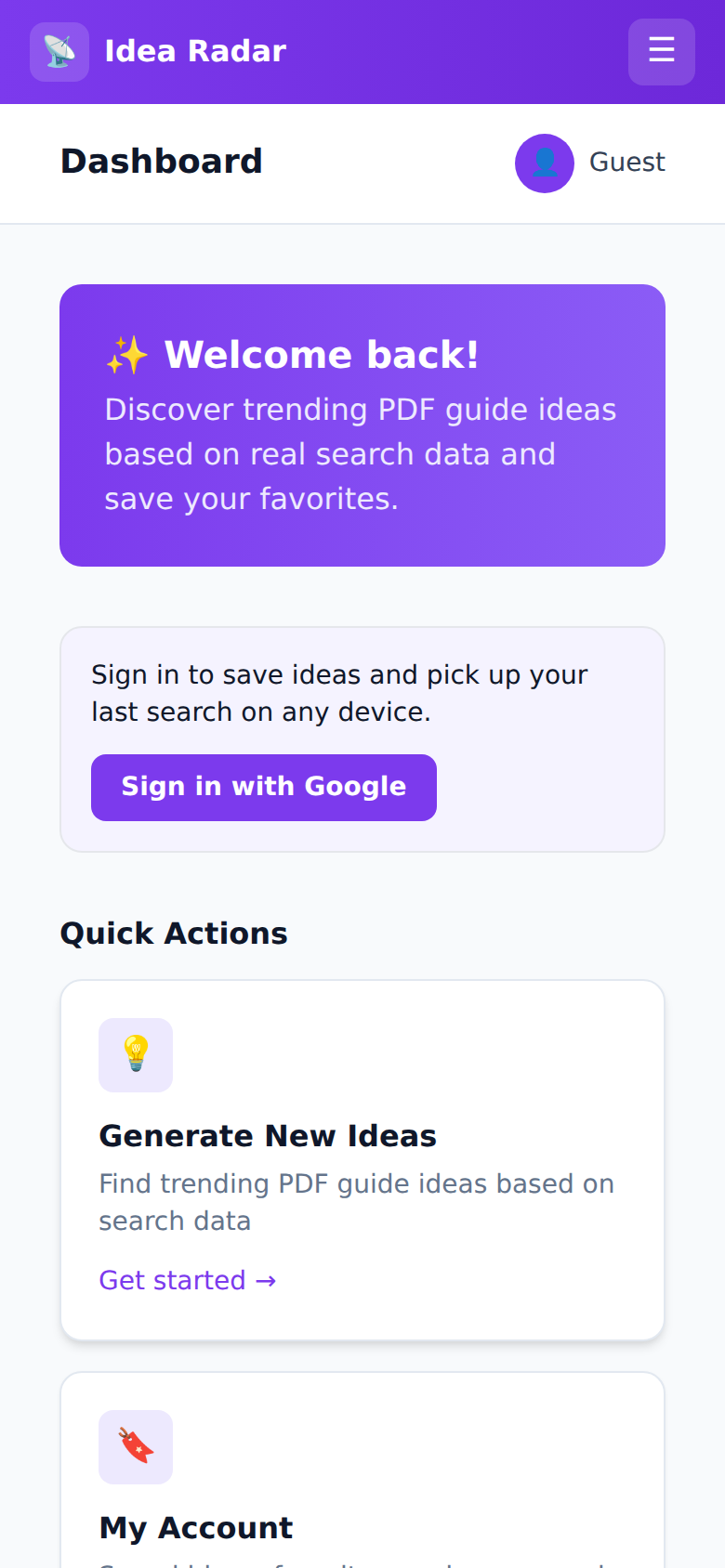 Idea Radar's dashboard, shown on a phone