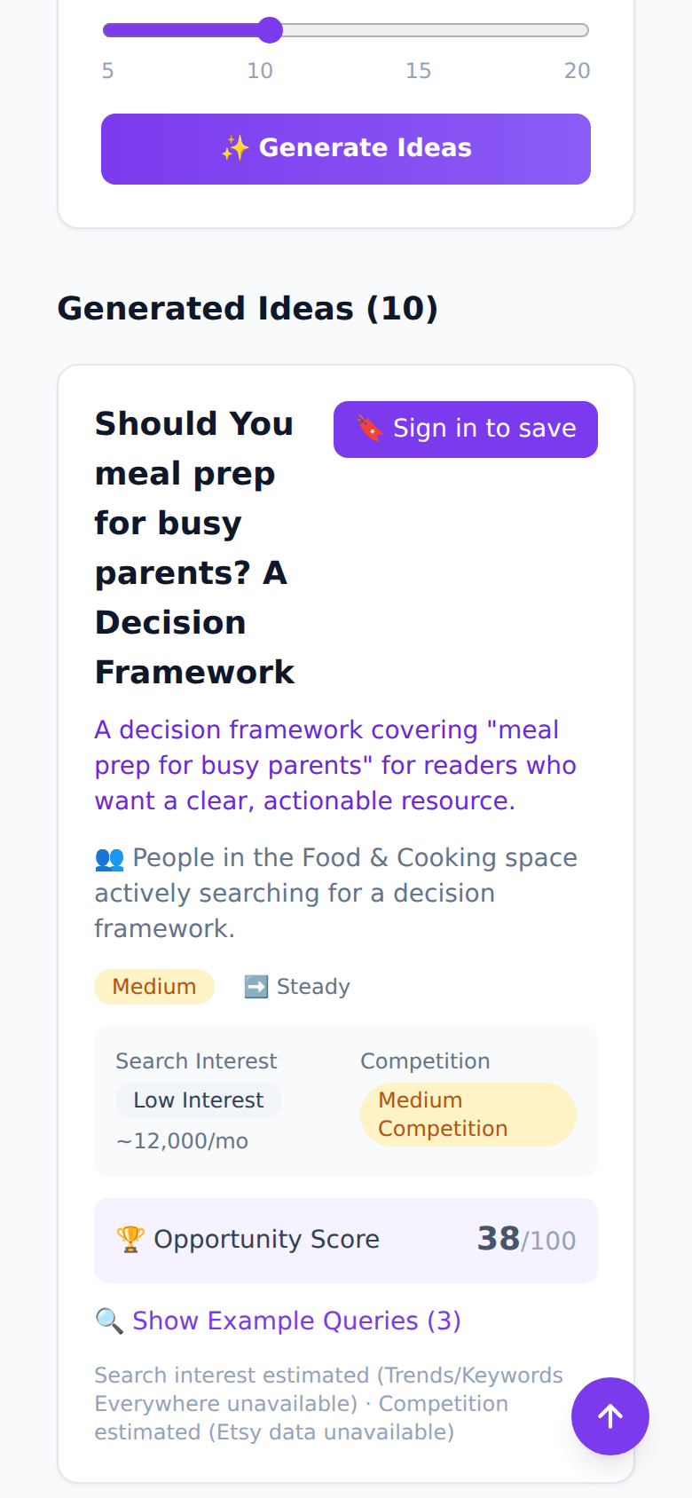 Idea Radar's generated idea cards, shown on a phone